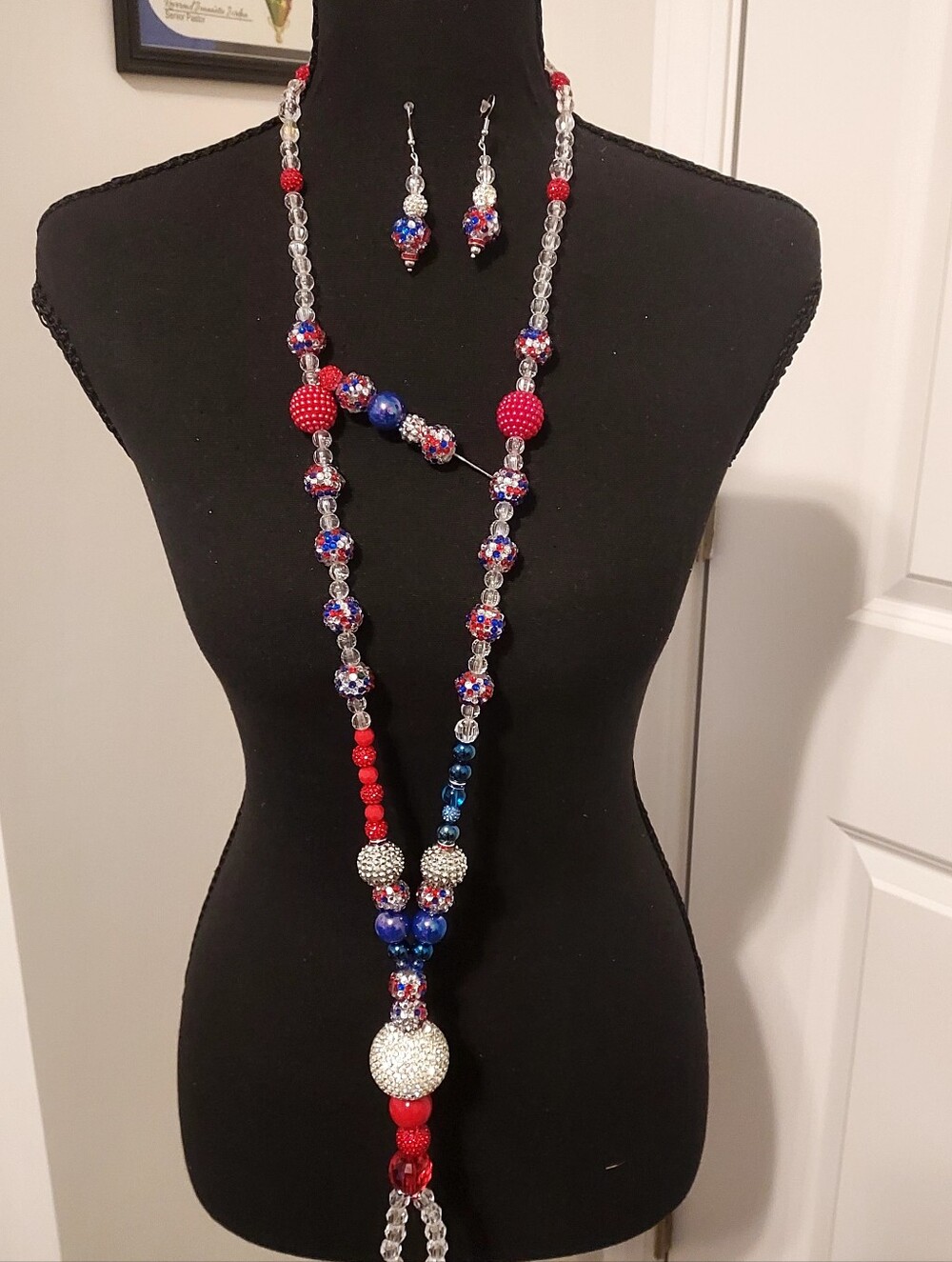 Handcrafted Red & Blue Crystal Beaded Statement Necklace Hat Pin and Earring Set